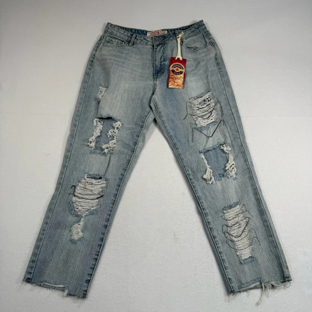 French Star Jeans Womens 9 Light Blue Girlfriend Fit High Rise Distressed NWT